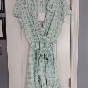 LC Lauren Conrad Light Green Plaid Midi Dress